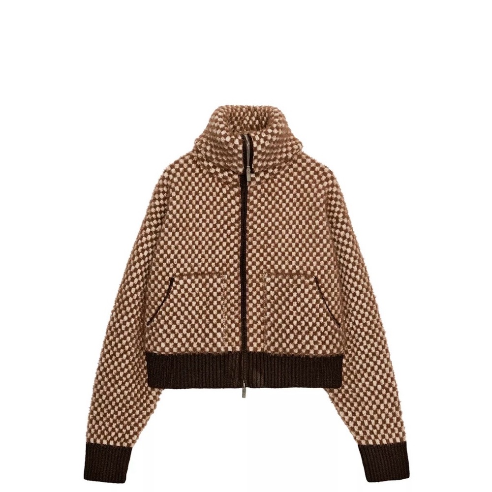 New Zara Faux Fur Combination Knit Bomber Jacket Womens Size S worn once